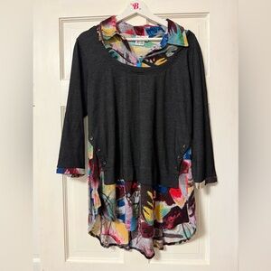 Parsley & Sage Charcoal and Multicolor Tunic Layered Look Artsy Lagenlook Large